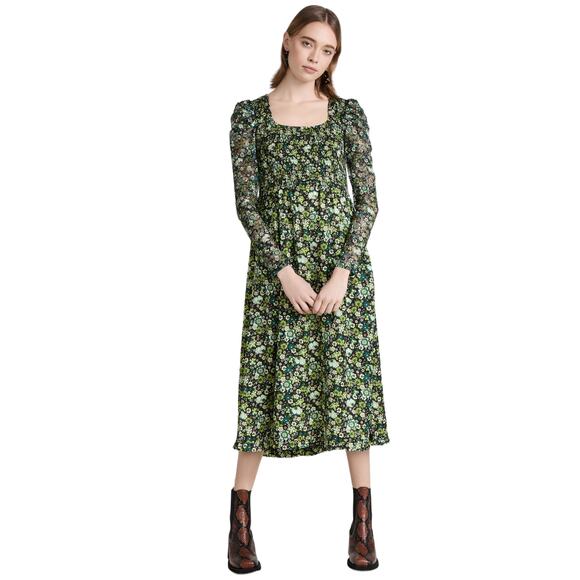 Scotch & Soda Green Floral Printed Lace Sleeved Midi Dress - Picture 1 of 12